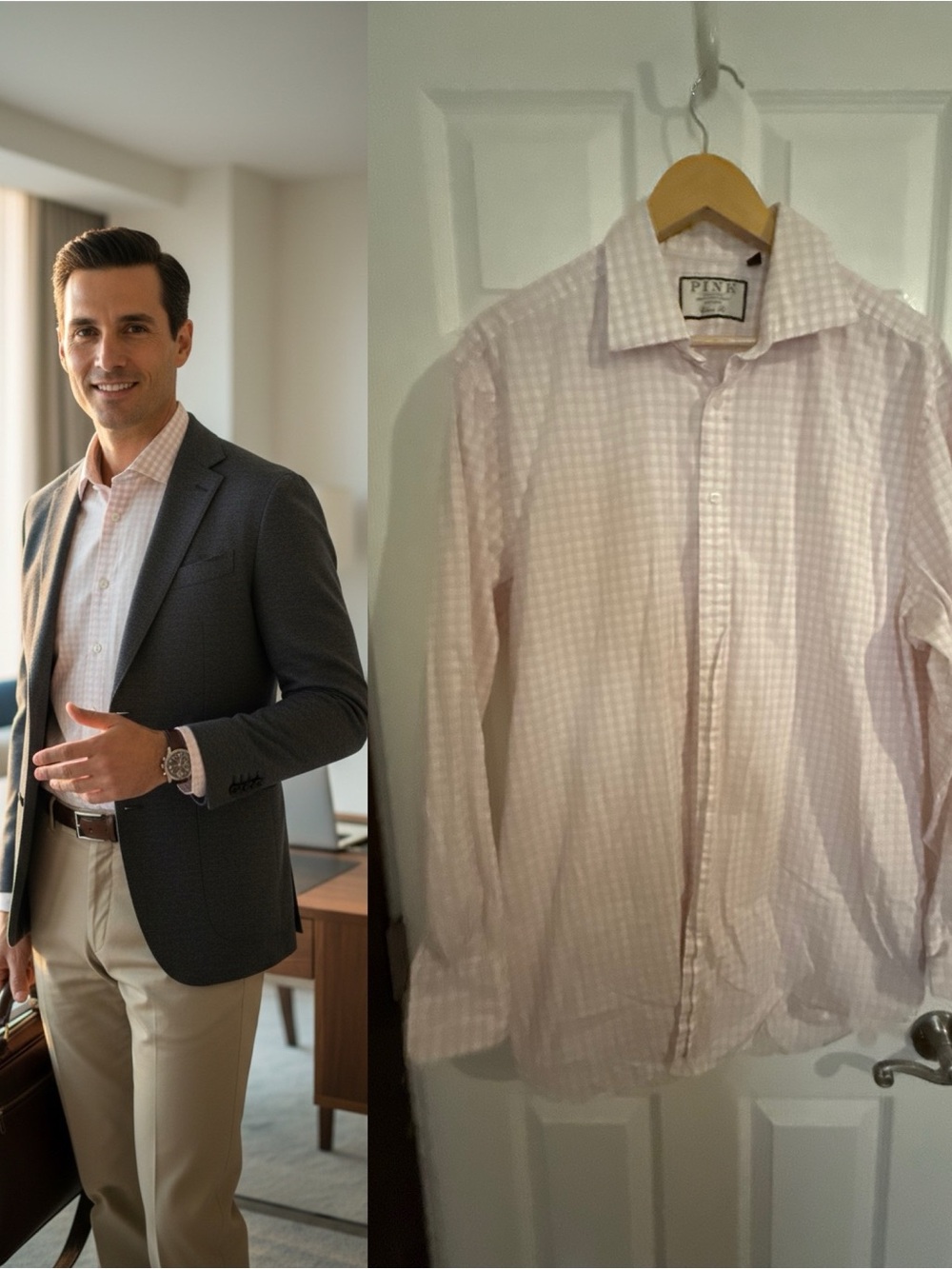 Thomas Pink Men’s Classic Fit Pink Gingham Dress Shirt 17.5 35.5